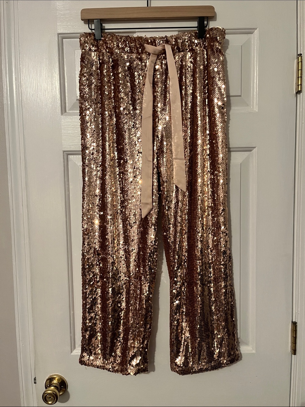 Sequined Palazzo Pants - Rose Gold